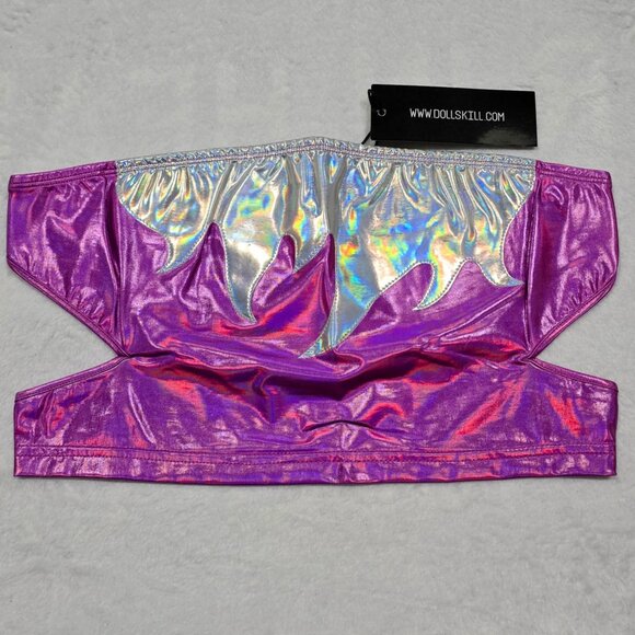 Club Exx ✦ Metallic Holographic Flame Tube Top ✦ Crop Purple & Silver Size L NWT - Picture 7 of 8